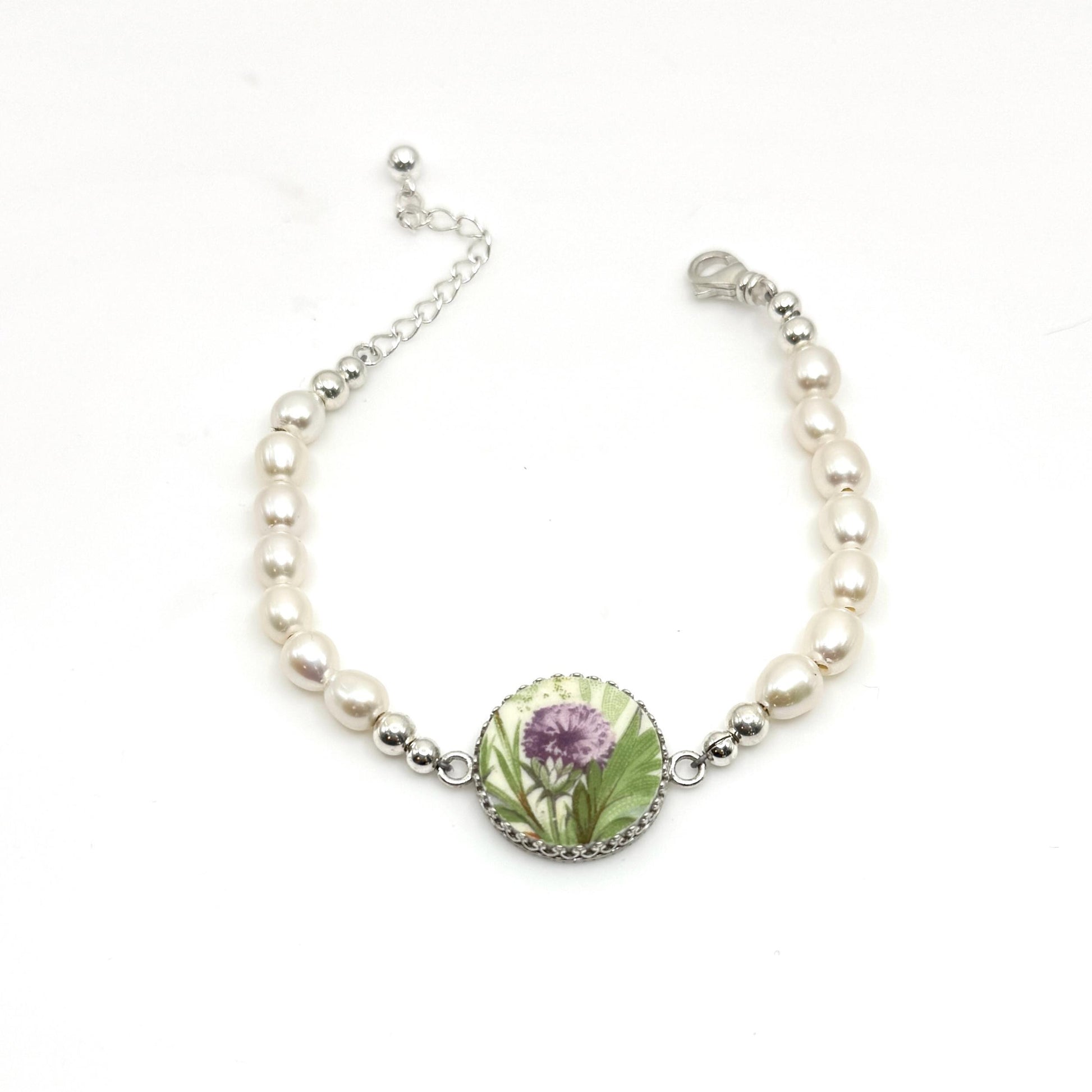 Scottish Thistle, Celtic Broken China Jewelry, Pearl Bracelet, 18th Wedding Anniversary Gift for Wife, Porcelain