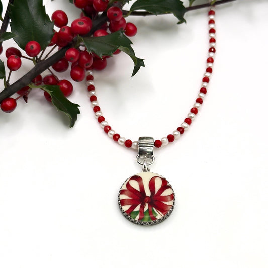 Red Bow Christmas Necklace, Holiday Lenox Broken China Jewelry, Statement Pearl and Coral Necklace, Unique Gifts for Women