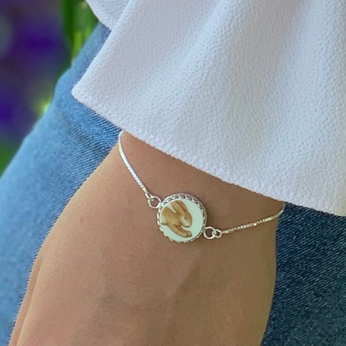 Dainty Bunnykins Bunny Bracelet, Broken China Jewelry, Adjustable Sterling Silver Bracelet