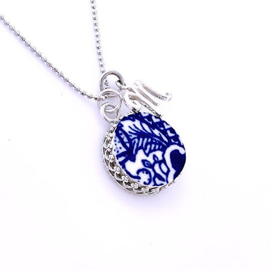 Adjustable Blue Willow Dainty Initial Necklace, Personalized Gifts, Broken China Jewelry, Unique Gifts for Women, Silver Letter Necklace