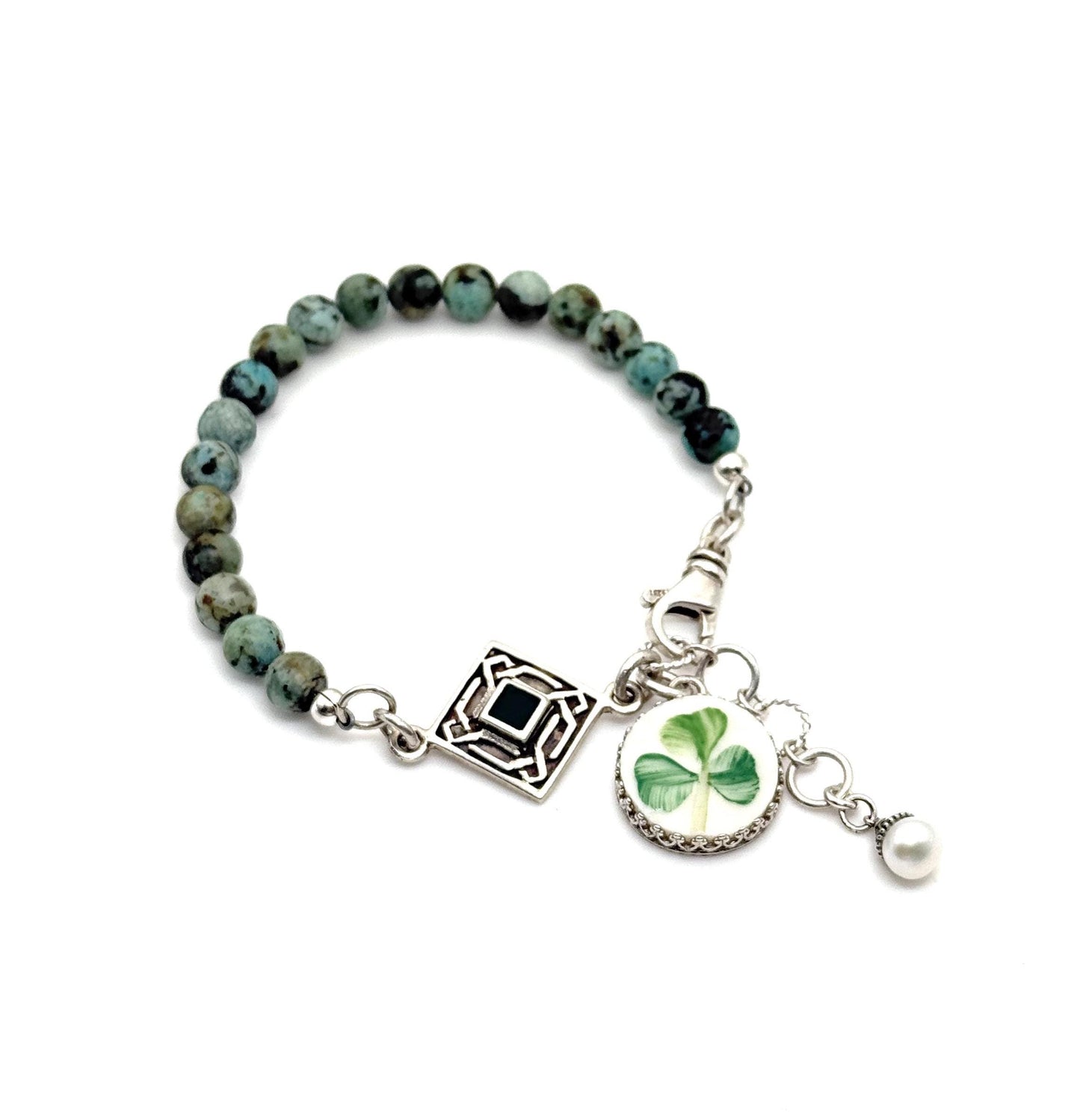 Sterling Silver Celtic Knot Shamrock Bracelet, Irish Belleek Broken China Jewelry, Unique Gemstone Jewelry Gifts for Women