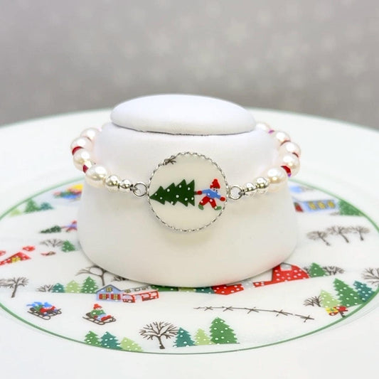 Freshwater Pearl Christmas Bracelet, Lenox Broken China Jewelry, Unique Gifts for Women, Bringing Home the Christmas Tree