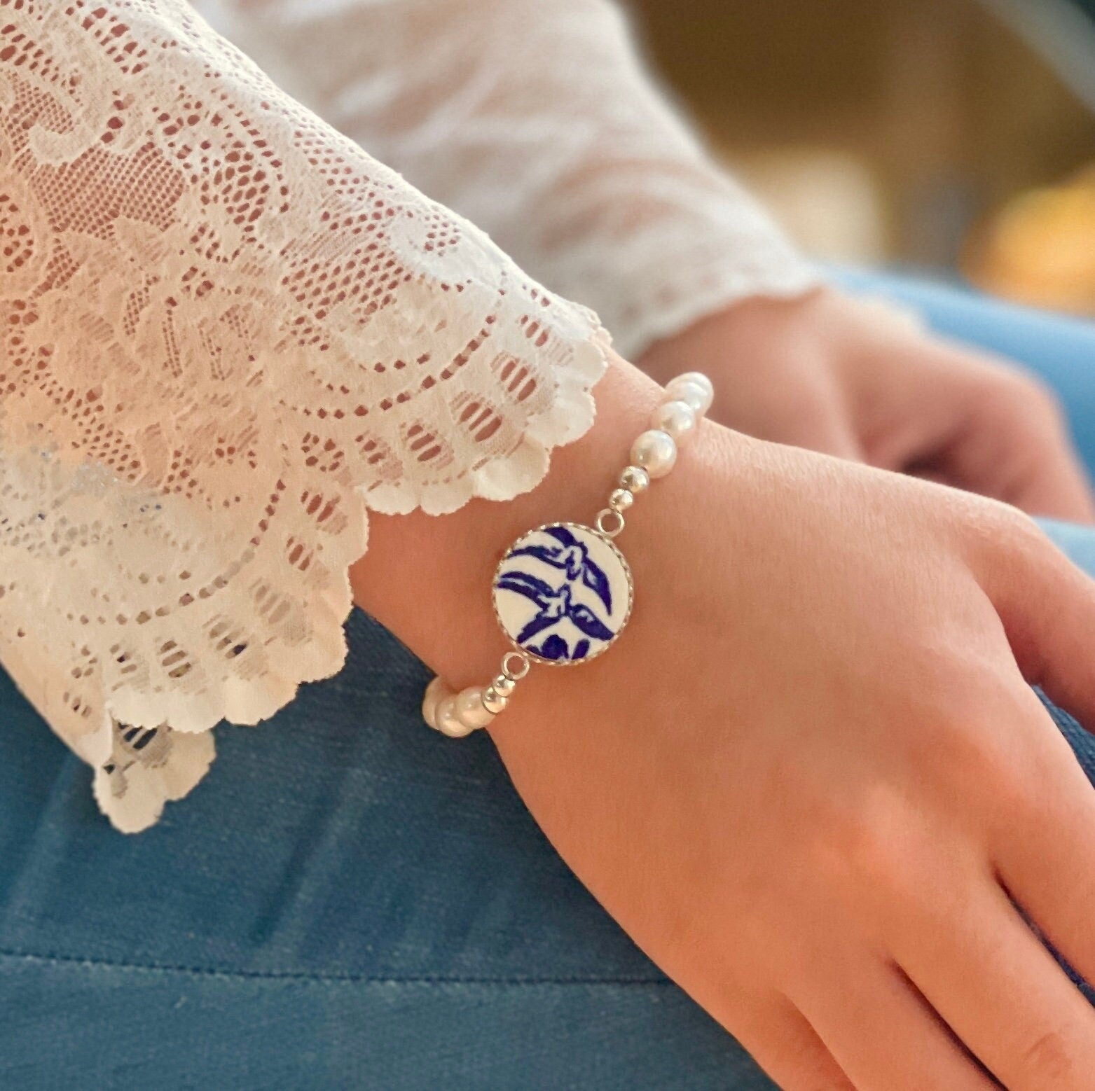 Love Birds Blue Willow Bracelet, Freshwater Pearls, Broken China Jewelry, Romantic 18th or 20th Anniversary for Wife