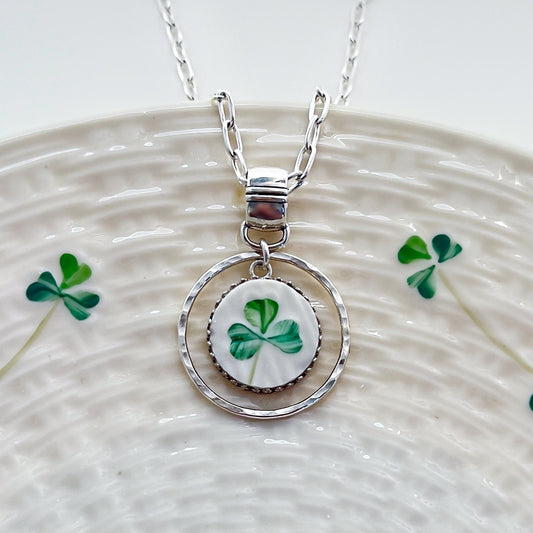 Repurposed Irish Belleek Shamrock Necklace, Unique Celtic Gifts for Her, Hammered Silver Broken China Jewelry