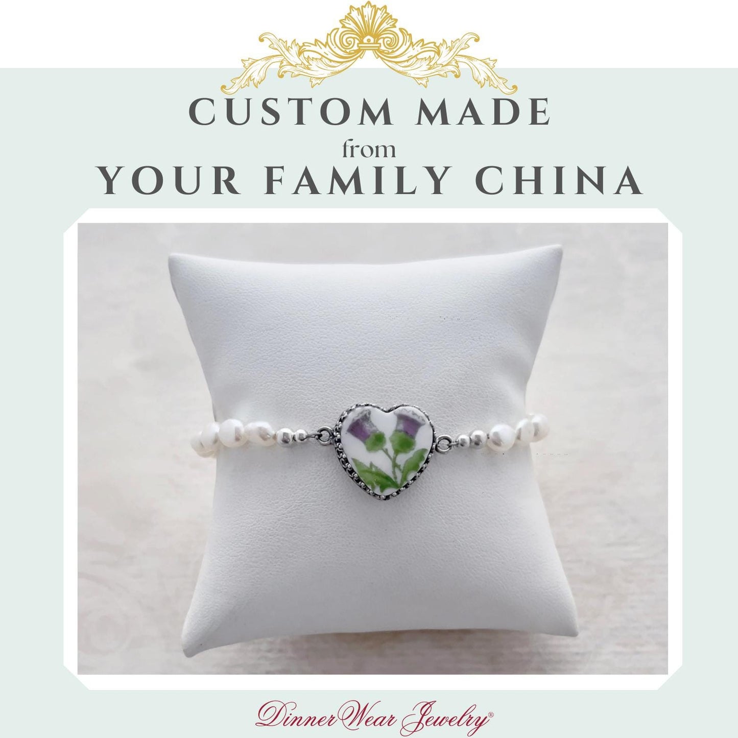 CUSTOM ORDER Freshwater Pearl China Heart Charm Bracelet, Custom Broken China Family Jewelry Made From Your China, Jewelry Made From Dishes