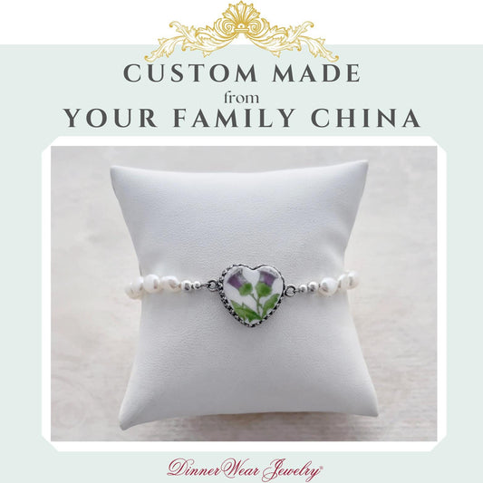 CUSTOM ORDER Freshwater Pearl China Heart Charm Bracelet, Custom Broken China Family Jewelry Made From Your China, Jewelry Made From Dishes