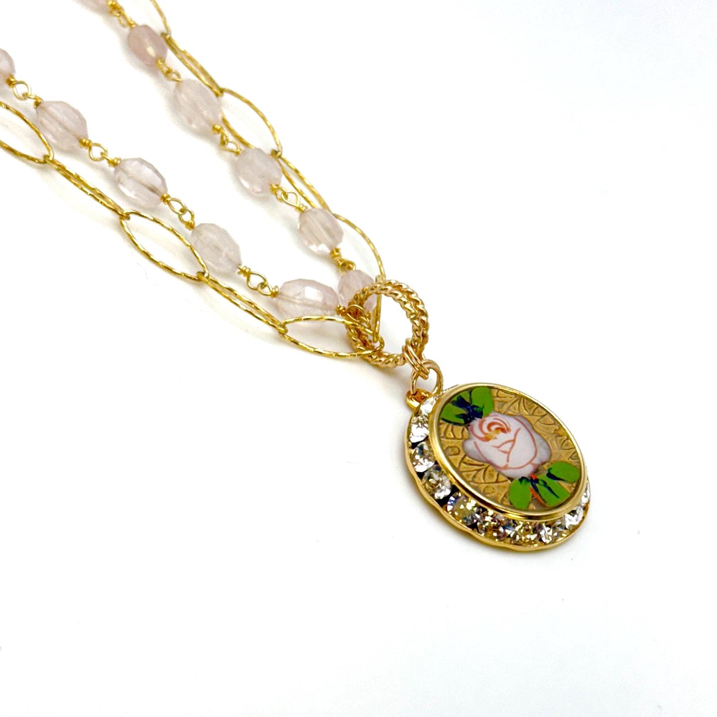 Hand Painted Depression Glass Necklace, Cottagecore, Romantic Valentines Day Gift for Her, Gold Jewelry