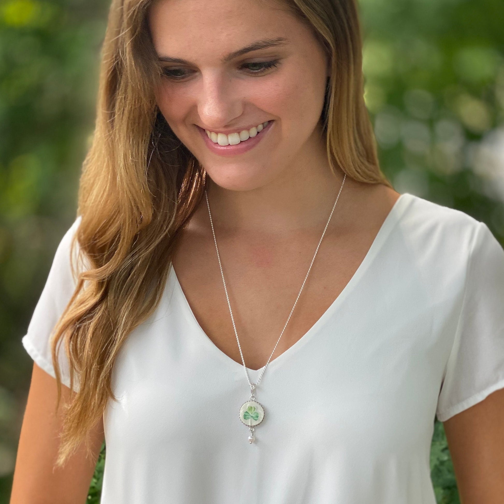 Handmade Irish Jewelry, Belleek Broken China Jewelry, Unique 20th Anniversary Gift for Wife, Celtic Silver Pearl Necklace
