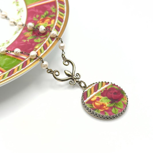 Old Country Roses Victorian Christmas Necklace, Royal Albert Broken China Jewelry