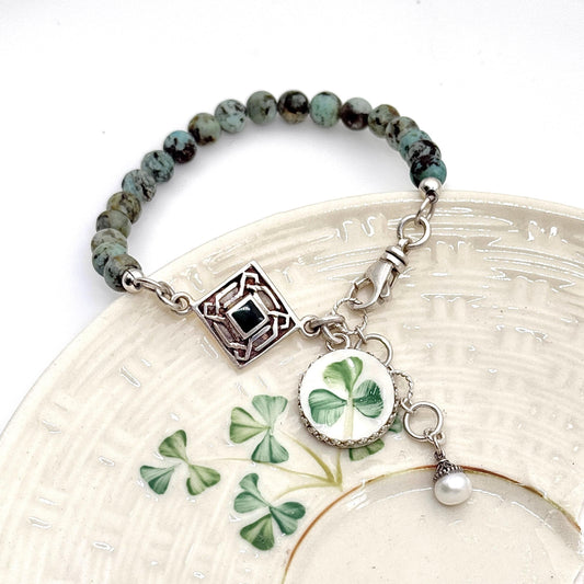 Sterling Silver Celtic Knot Shamrock Bracelet, Irish Belleek Broken China Jewelry, Unique Gemstone Jewelry Gifts for Women
