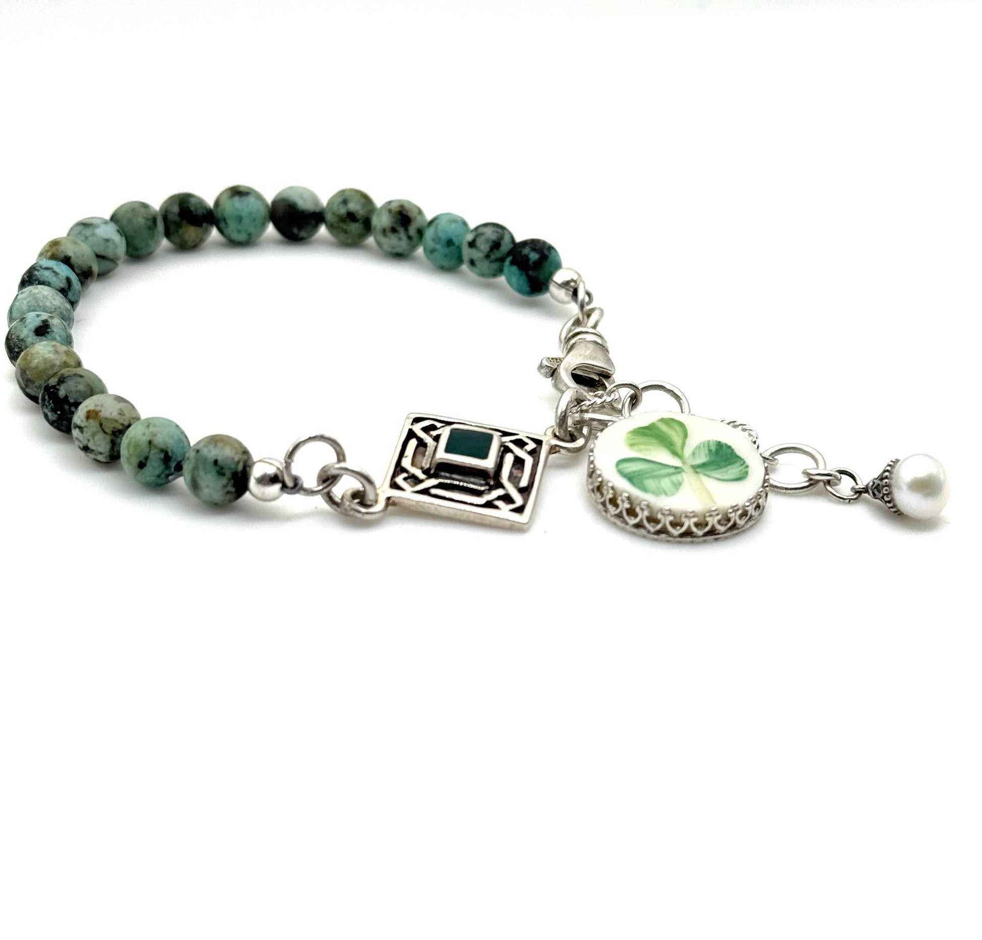 Sterling Silver Celtic Knot Shamrock Bracelet, Irish Belleek Broken China Jewelry, Unique Gemstone Jewelry Gifts for Women