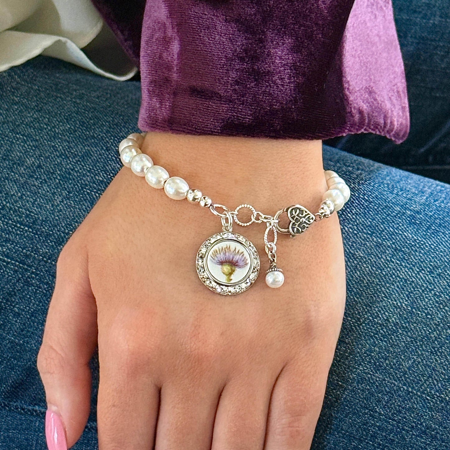 Scottish Thistle Pearl Bracelet, Broken China Jewelry, Unique Celtic Gifts for Women