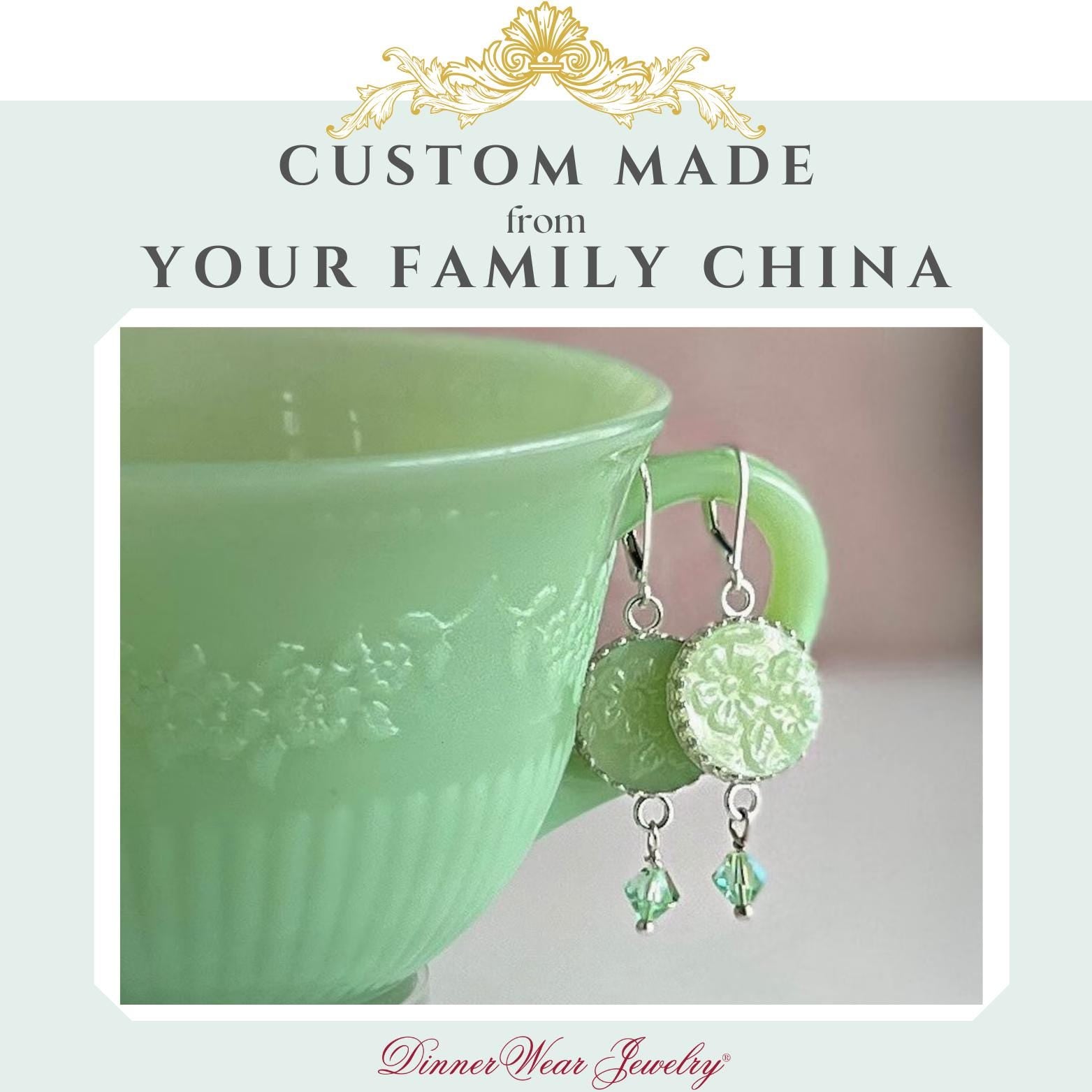 CUSTOM ORDER Silver Earrings with Crystal Drop, Custom Broken China Jewelry Earrings, 20th Anniversary Gifts for Wife, Made From Your China