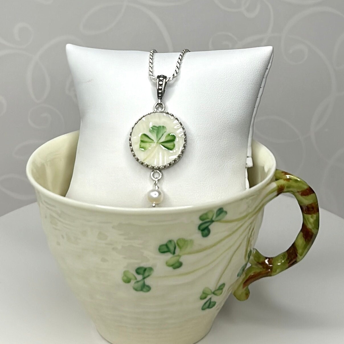 Handmade Irish Jewelry, Belleek Broken China Jewelry, Unique 20th Anniversary Gift for Wife, Celtic Silver Pearl Necklace