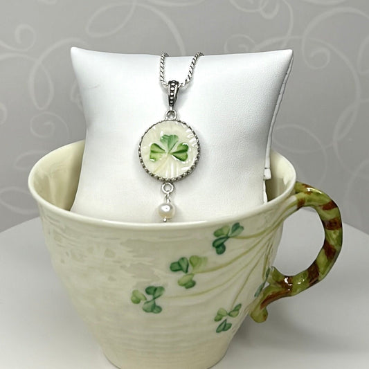 Handmade Irish Jewelry, Belleek Broken China Jewelry, Unique 20th Anniversary Gift for Wife, Celtic Silver Pearl Necklace