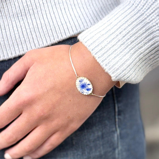 Shelley Dainty Blue Bracelet, Sterling Silver Broken China Jewelry, 20th Anniversary Gifts for Women
