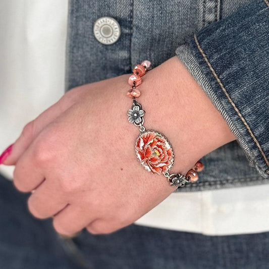 Peony Flower Porcelain Bracelet, Unique 18th Anniversary Gifts for Wife, One-of-a-Kind Bracelet, Vintage Handmade Jewelry Gifts for Women
