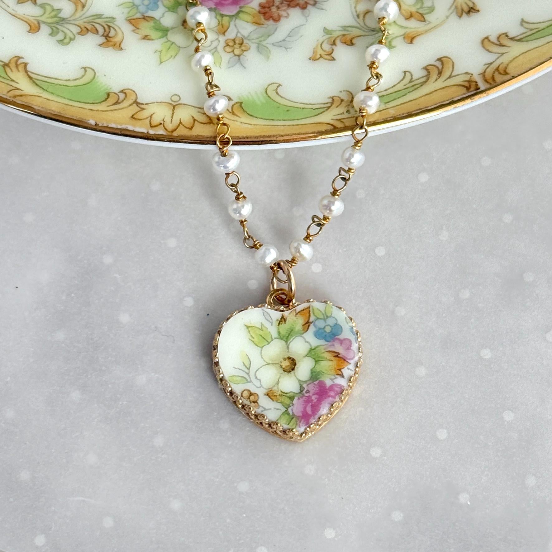 20th Anniversary Gift for Wife, Dainty Gold Pearl Necklace, Broken China Jewelry, Vintage China Heart, Romantic Victorian Gifts for Her