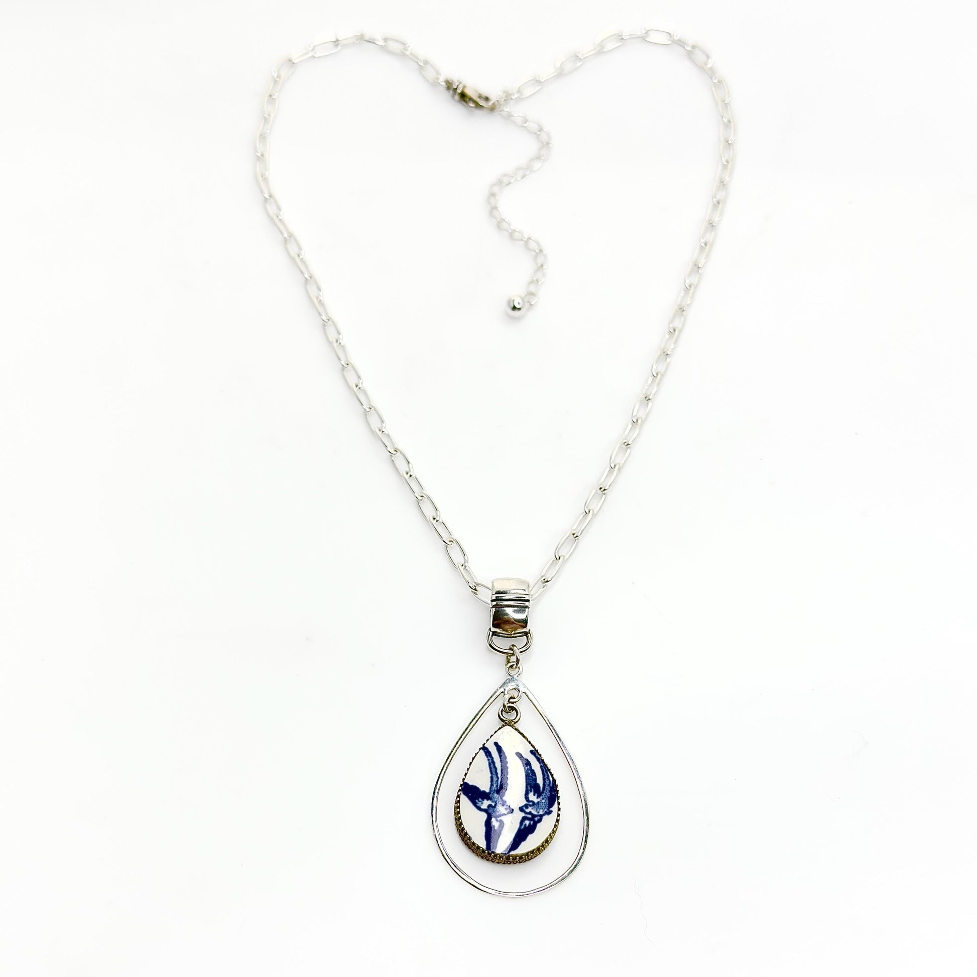18th Wedding Anniversary Gift Ideas for Wife, Love Birds, Adjustable Blue Willow Porcelain Necklace, Romantic Gift for Her, Hammered Silver