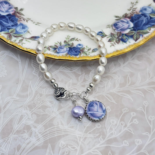 Traditional 20th Wedding Anniversary Gift for Wife, Broken China Jewelry Pearl Bracelet, Moonlight Rose