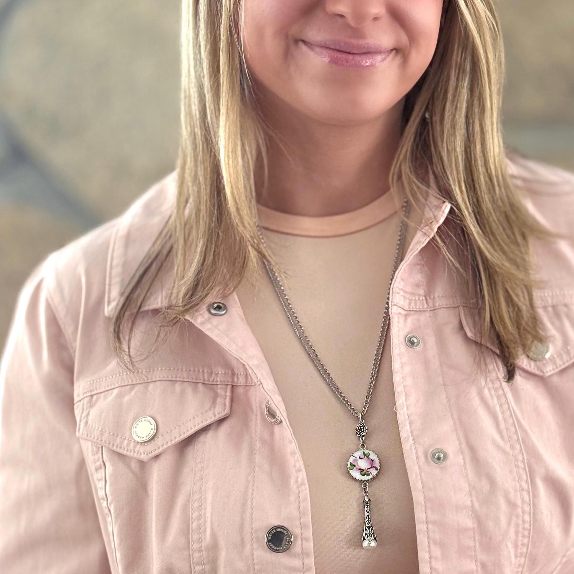 Pink Rose Glass Necklace, Hand Painted Rose, Victorian Silver Jewelry, Pearl Drop Necklace, 3rd Anniversary Gift, Milk Glass Jewelry Gift