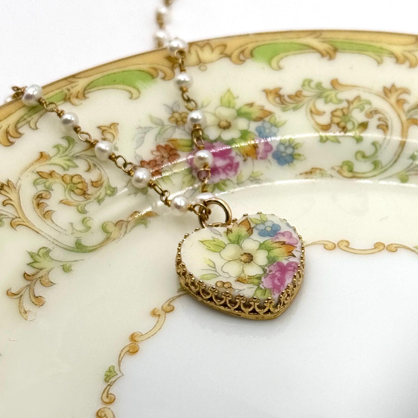 20th Anniversary Gift for Wife, Dainty Gold Pearl Necklace, Broken China Jewelry, Vintage China Heart, Romantic Victorian Gifts for Her