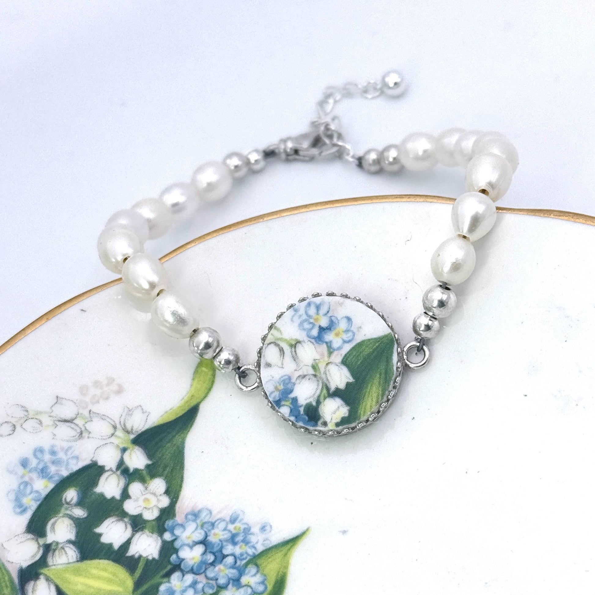 Lily of the Valley Pearl Flower Bracelet, 20th Anniversary Gifts for Wife, Silver Broken China Jewelry, Forget Me Not Bracelet