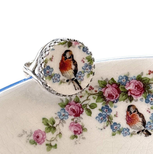 Robin Ring, Forget Me Not Flower Jewelry, Vintage China Ring, Bird Jewelry, Unique Gifts for Women, Broken China Jewelry, Adjustable Ring