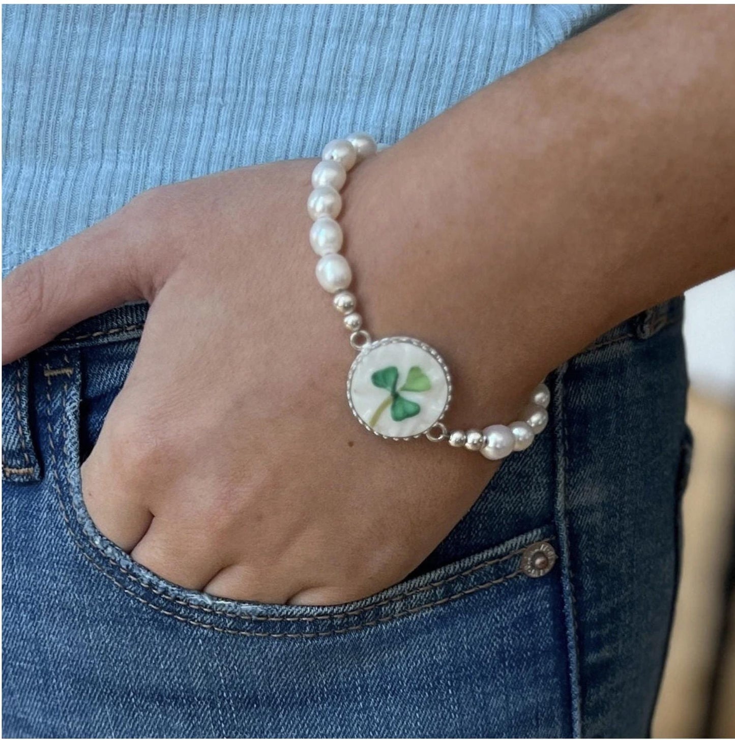 Belleek Irish Shamrock Bracelet, Freshwater Pearl Bracelet, Broken China Jewelry, Unique 20th Anniversary Gift for Wife, Hand Painted Clover