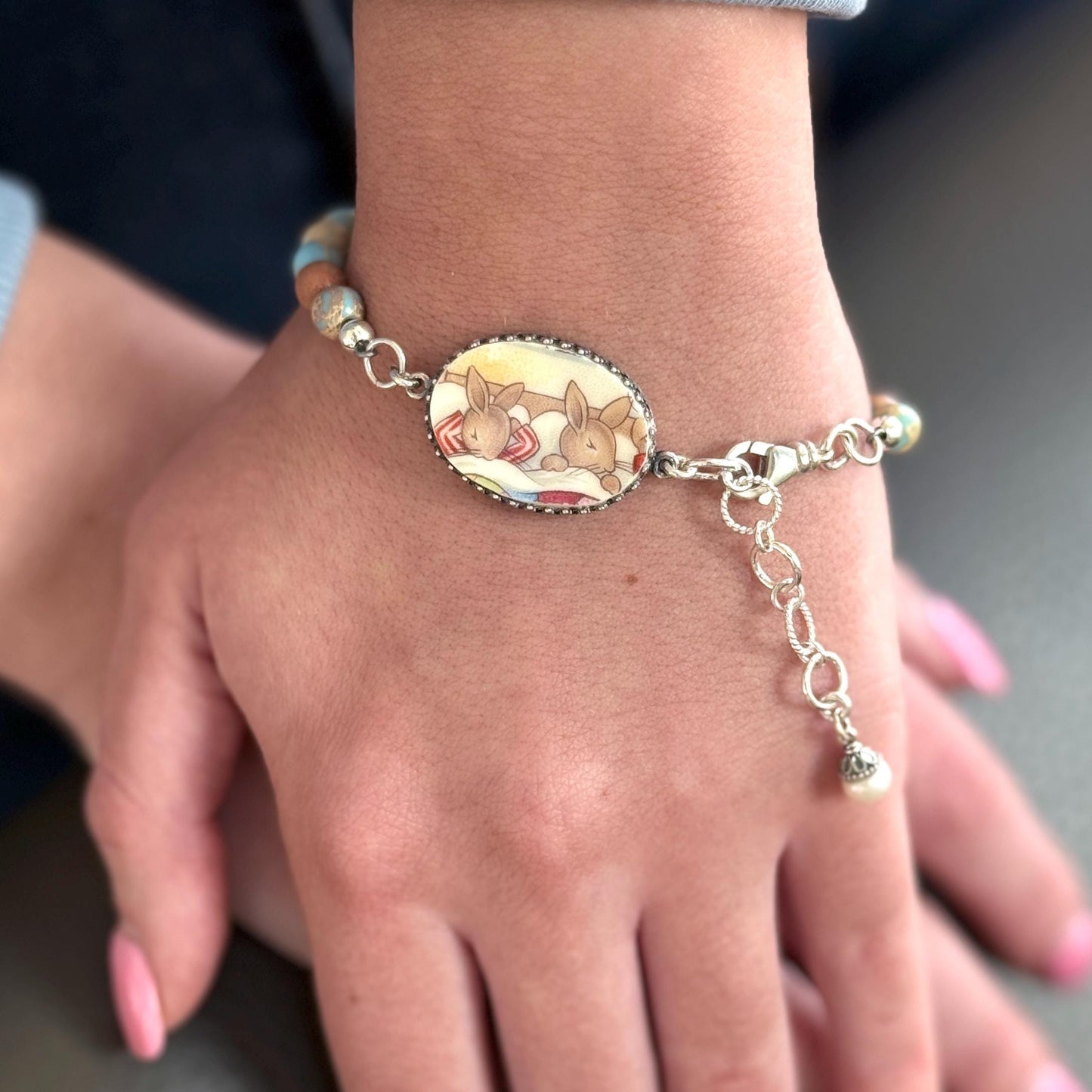 Sterling Silver, Jasper, and Vintage Bunnykins Broken China Jewelry Bracelet, Bunny Rabbit Jewelry, Easter Gifts for Women, Gifts for Her