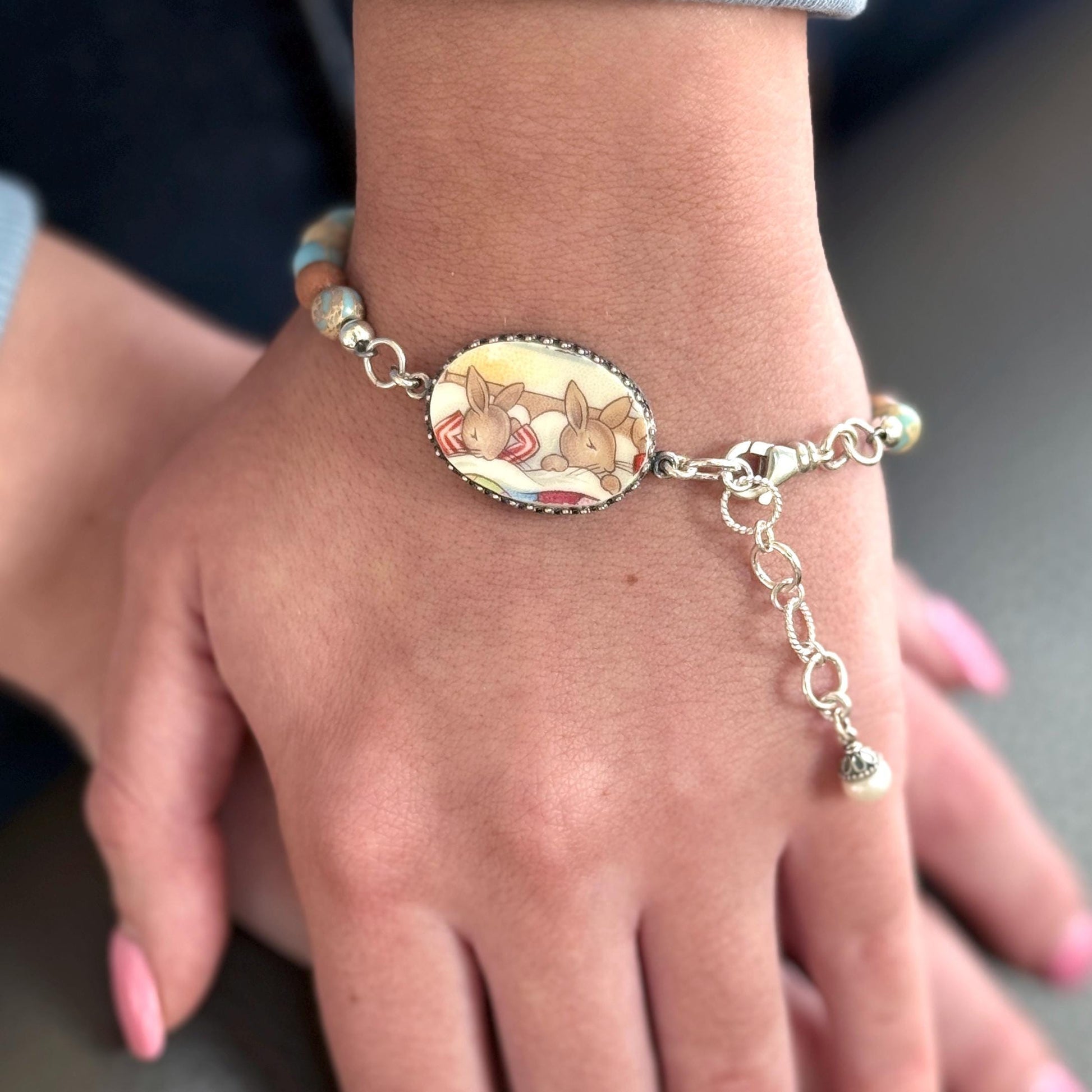 Sterling Silver, Jasper, and Vintage Bunnykins Broken China Jewelry Bracelet, Bunny Rabbit Jewelry, Easter Gifts for Women, Gifts for Her