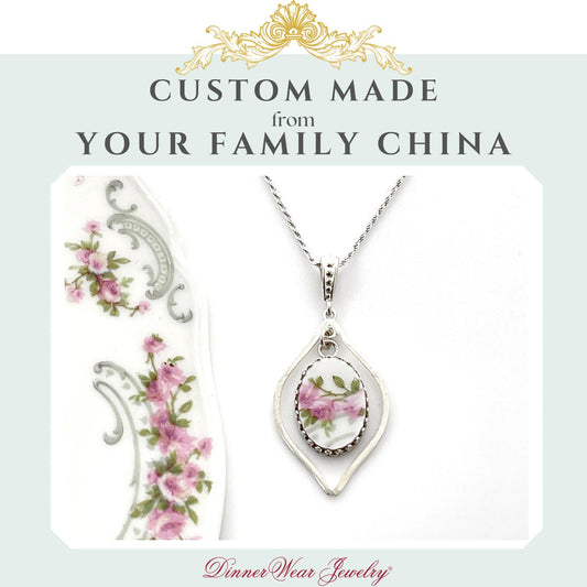 CUSTOM ORDER Teardrop Open Oval Necklace, Custom Broken China Jewelry, Sister Mom Gift, Memorial Jewelry, Family Gift, Made From Your China