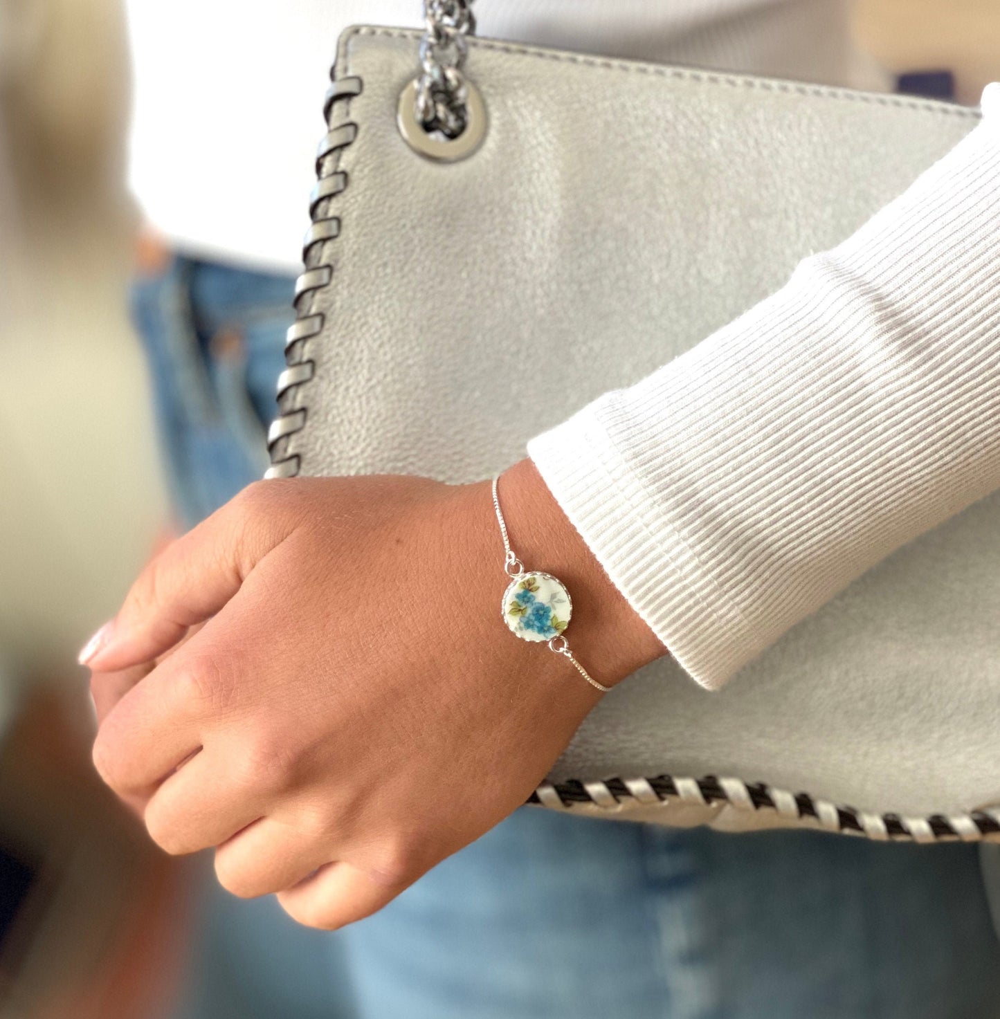 Sterling Silver Forget Me Not Dainty Adjustable Bracelet, Broken China Jewelry Bolo Bracelet, Anniversary Gifts for Women, Love & Friendship