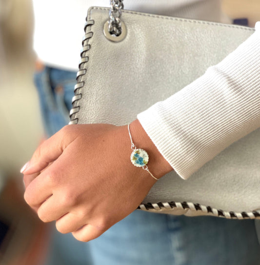 Sterling Silver Forget Me Not Dainty Adjustable Bracelet, Broken China Jewelry Bolo Bracelet, Anniversary Gifts for Women, Love & Friendship