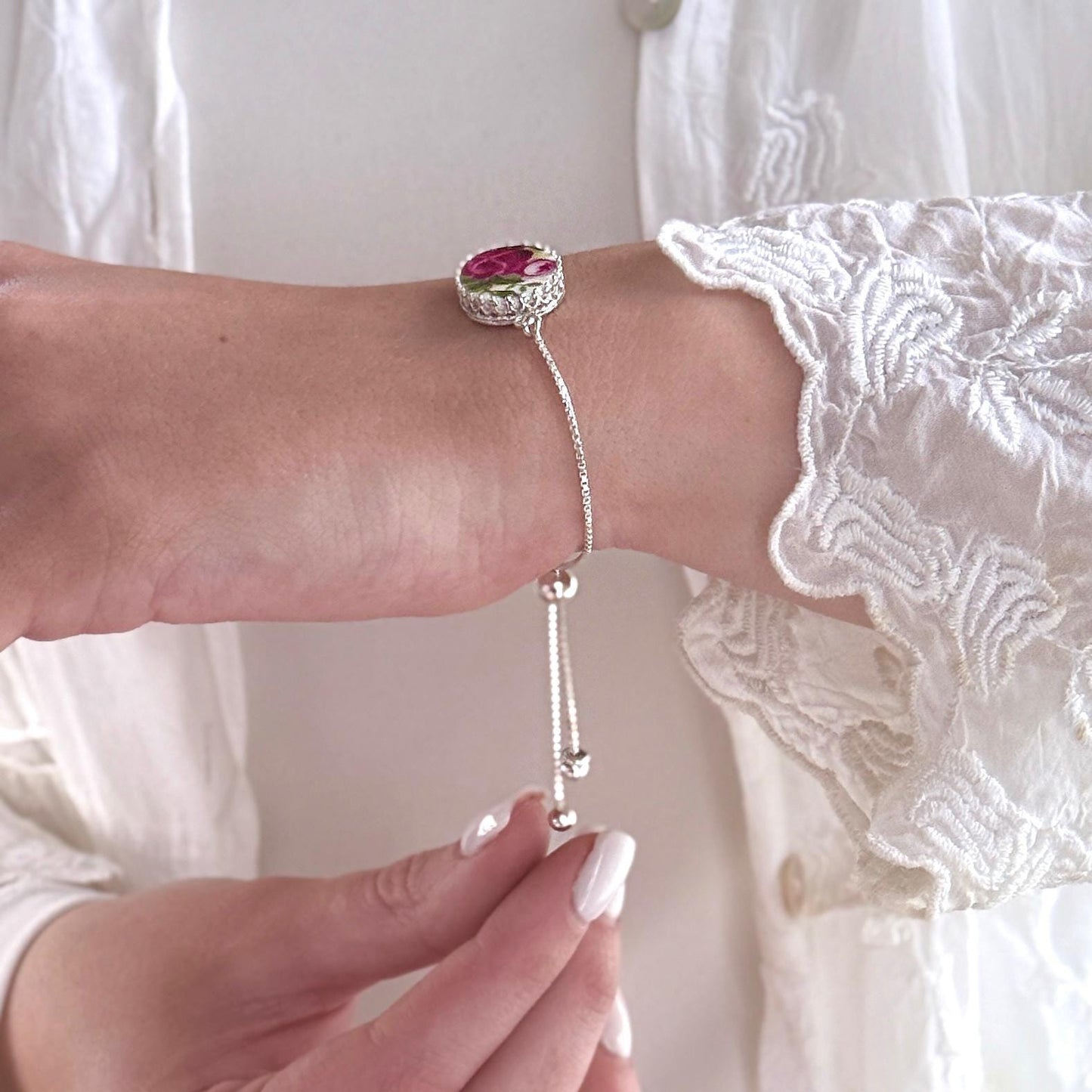 Sterling Silver Royal Albert Old Country Roses Bolo Bracelet, Broken China Jewelry, Unique 18th/20th Gifts for Wife, Red Rose Love Gifts