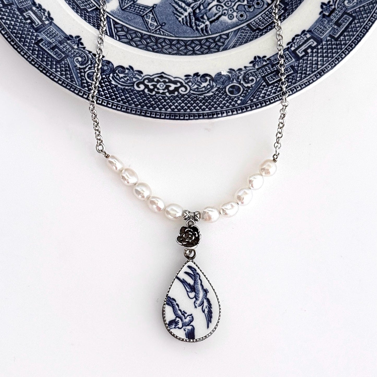 Special 20th Anniversary Gifts for Wife, Blue Willow Jewelry, Romantic Love Birds Pearl Beaded Bar Necklace, Repurposed Broken China Jewelry