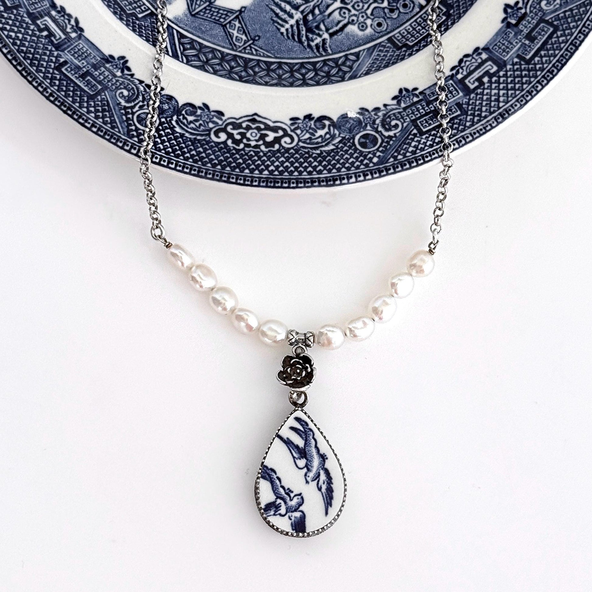 Special 20th Anniversary Gifts for Wife, Blue Willow Jewelry, Romantic Love Birds Pearl Beaded Bar Necklace, Repurposed Broken China Jewelry