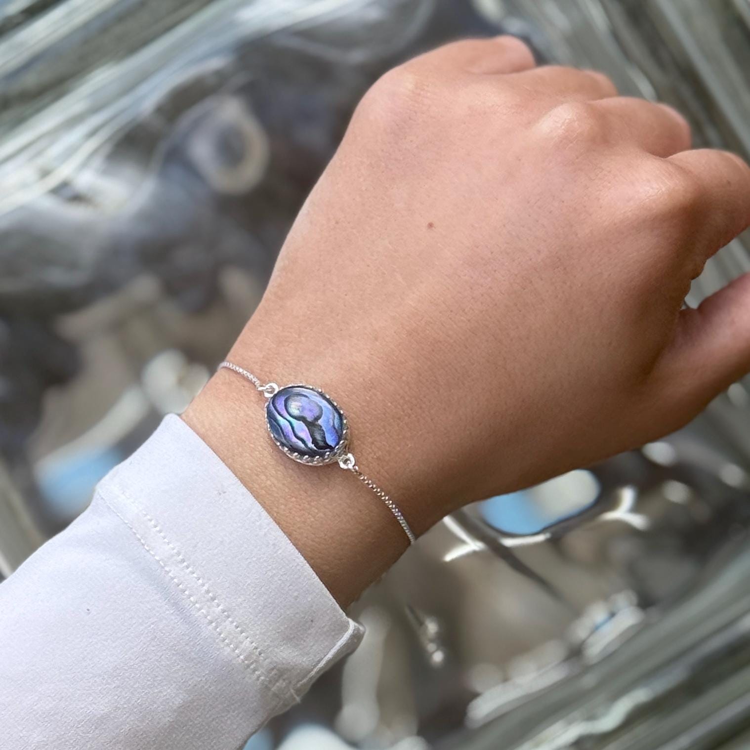 Rainbow Abalone Boho Shell Bracelet, Ocean Beach Jewelry Gift, Dainty Minimalist Sterling Silver Adjustable Bolo Bracelet