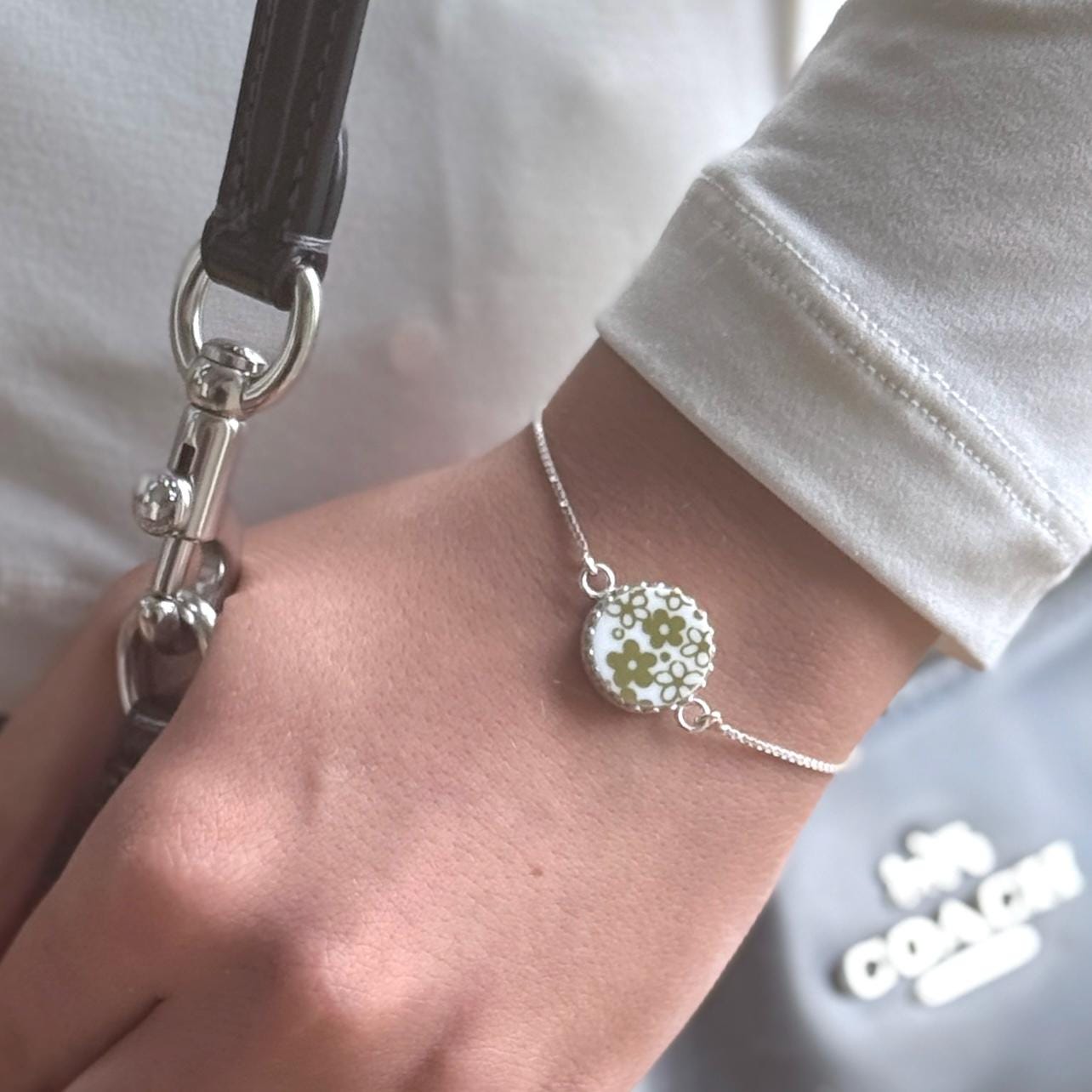 Crazy Daisy Bolo Bracelet, Dainty Adjustable Sterling Silver Bracelet, Vintage Pyrex Sentimental Keepsake Gift