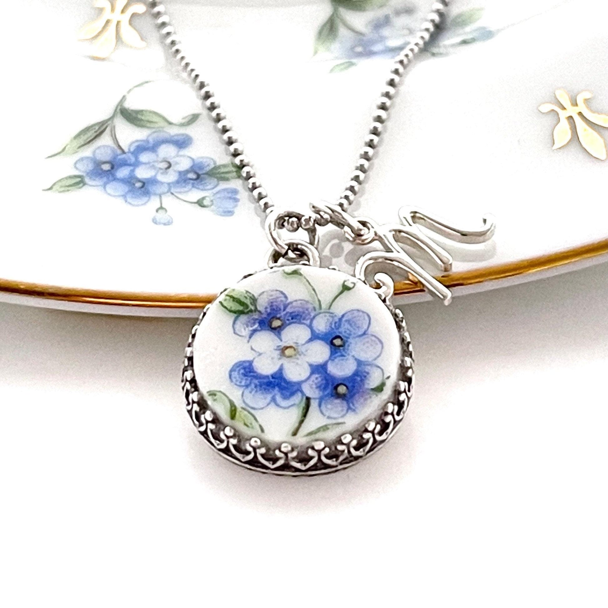 Love and Friendship Gift, Forget Me Not Initial Necklace, Personalized Gift, Broken China Jewelry