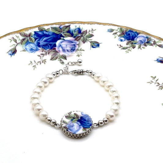 Freshwater Pearl Blue Rose Bracelet, Royal Albert Moonlight Rose Broken China Jewelry, 18th and 20th Wedding Anniversary Gift for Wife