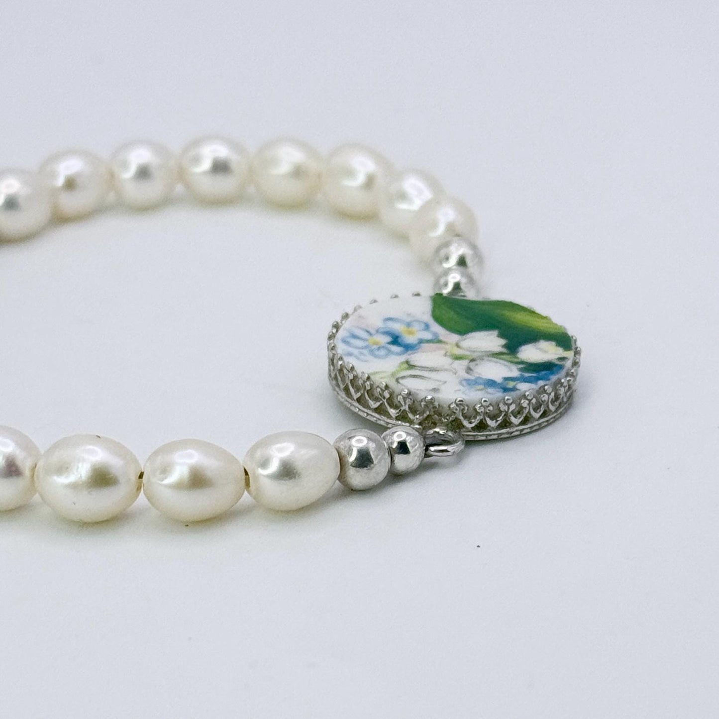 Lily of the Valley Pearl Flower Bracelet, 20th Anniversary Gifts for Wife, Silver Broken China Jewelry, Forget Me Not Bracelet