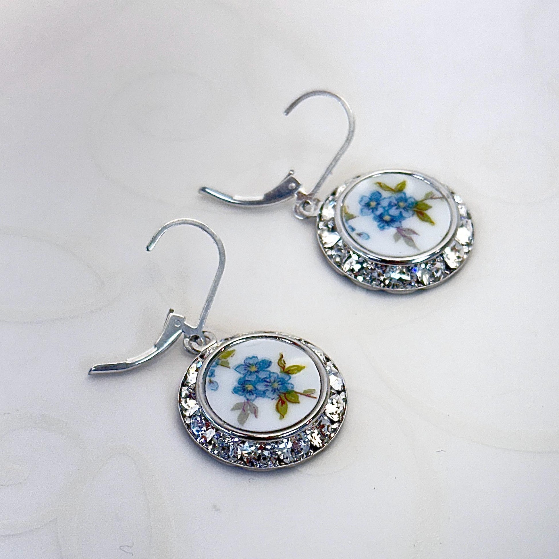 Mothers Day Gifts for Mom, Forget Me Not Earrings, Broken China Jewelry, Crystal Earrings, Unique Love and Friendship Gifts for Women