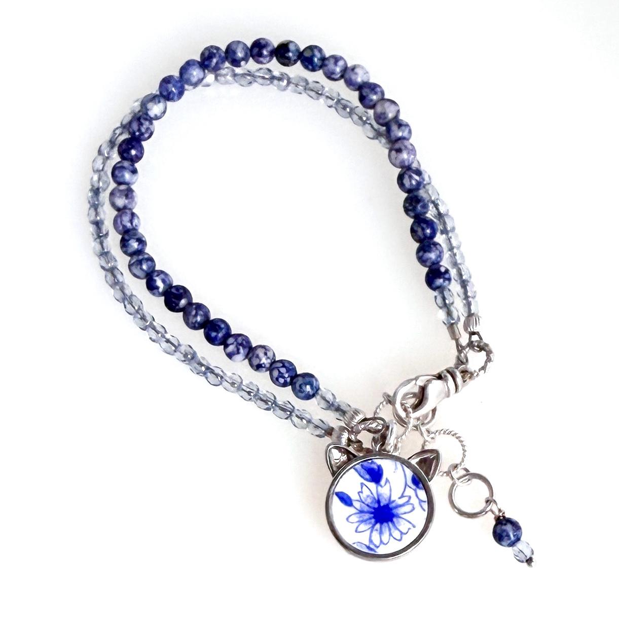 Sterling Silver Cat Charm Bracelet Unique 20th Anniversary Gifts for Wife, Cat Gifts for Her, Broken China Jewelry, Shelley China, Gemstone