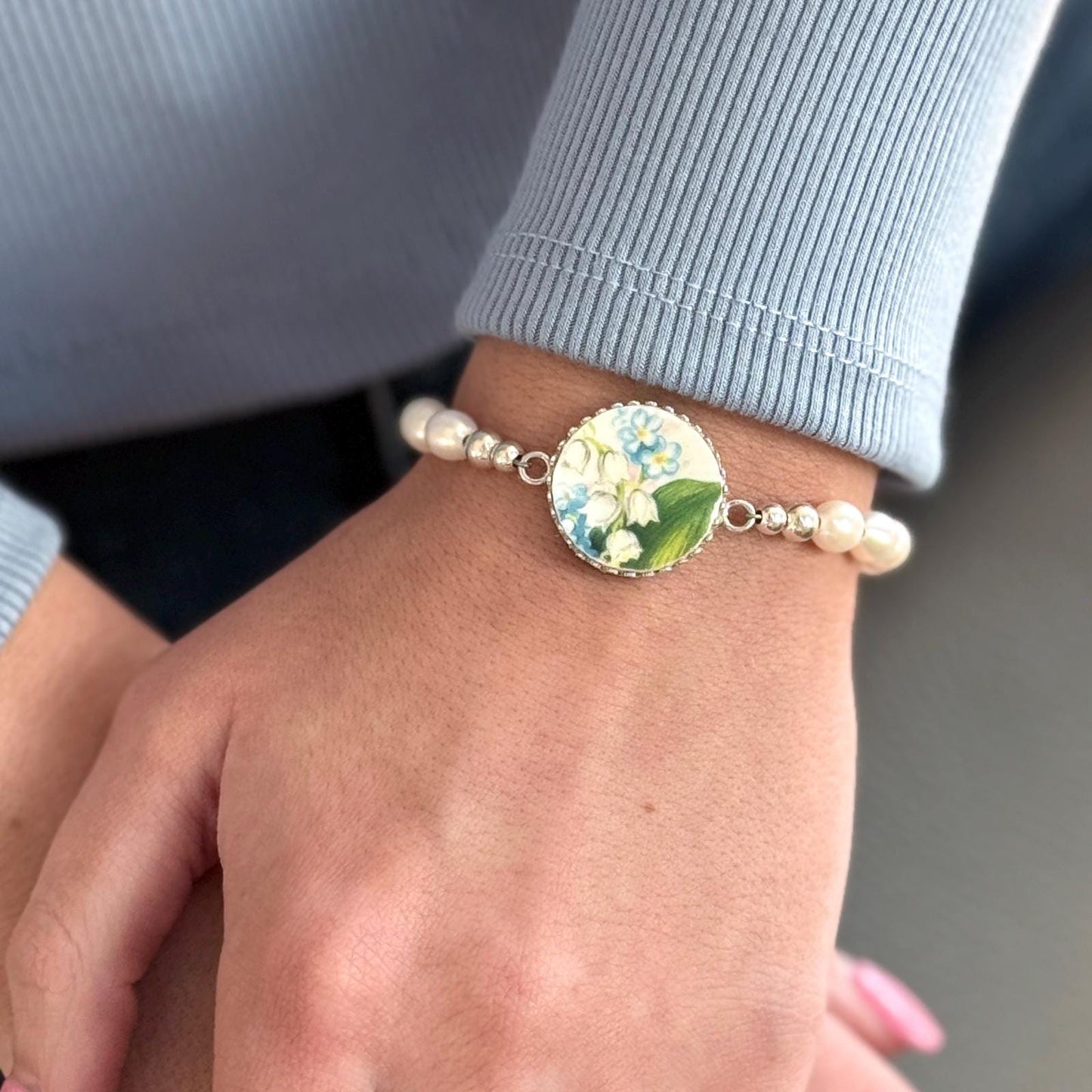 Sterling Silver Pearl Bracelet, Broken China Jewelry, 20th Anniversary Gift for Wife, Lily of the Valley Forget Me Not Gift for Women, Large