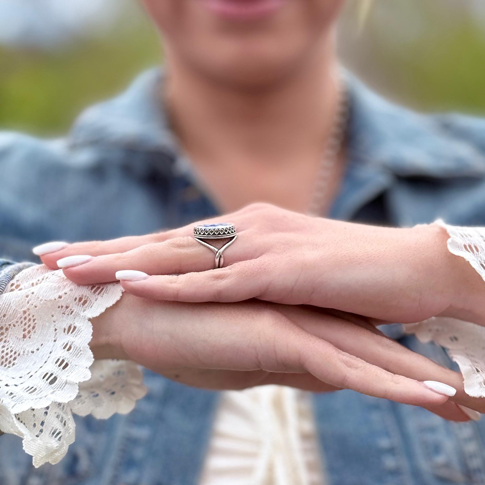 Blue Forget Me Not Adjustable Sterling Silver Ring, Boho Broken China Jewelry, Unique Friendship Gifts for Women, Gifts for Her