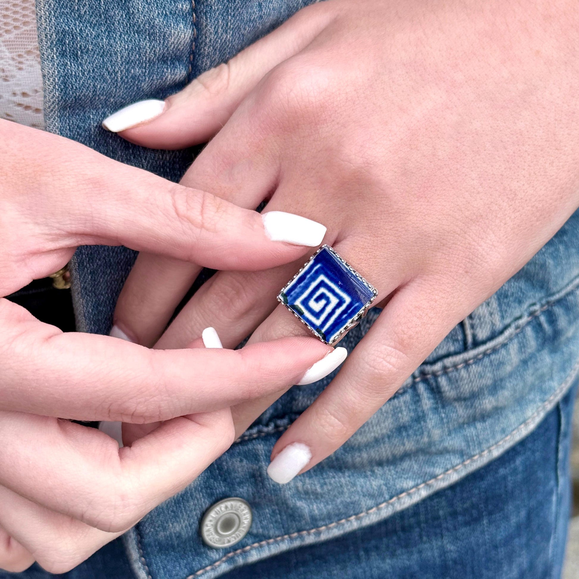 Vintage Polish Pottery, Adjustable Sterling Silver Square Ring, Geometric Jewelry, Unique Gifts For Her From Poland, Hand Painted