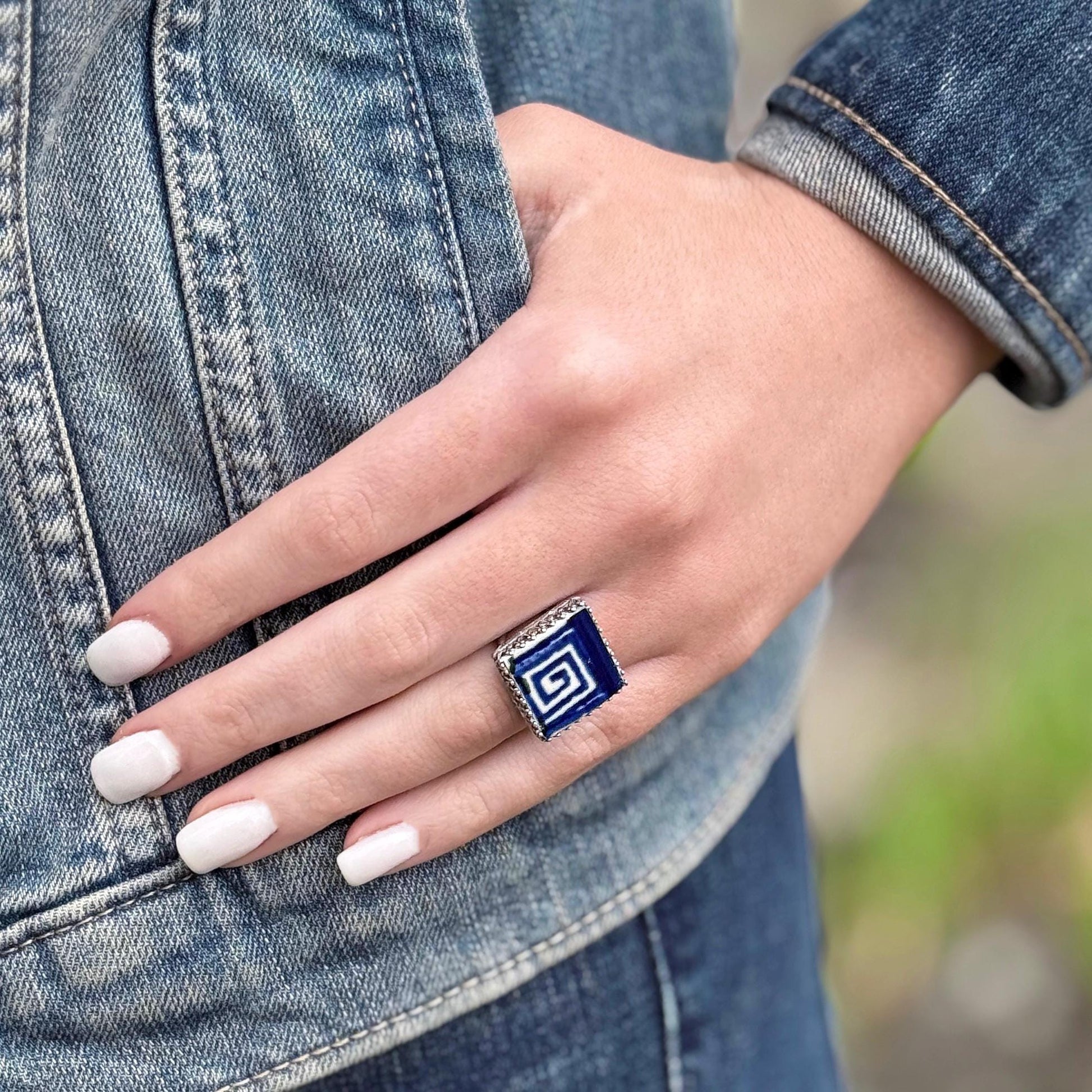Vintage Polish Pottery, Adjustable Sterling Silver Square Ring, Geometric Jewelry, Unique Gifts For Her From Poland, Hand Painted