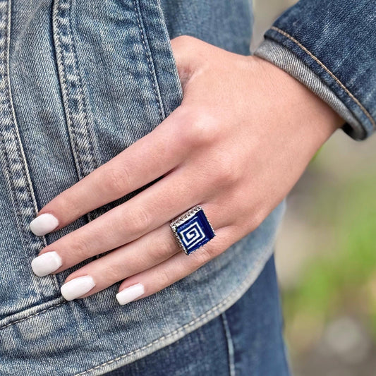 Vintage Polish Pottery, Adjustable Sterling Silver Square Ring, Geometric Jewelry, Unique Gifts For Her From Poland, Hand Painted