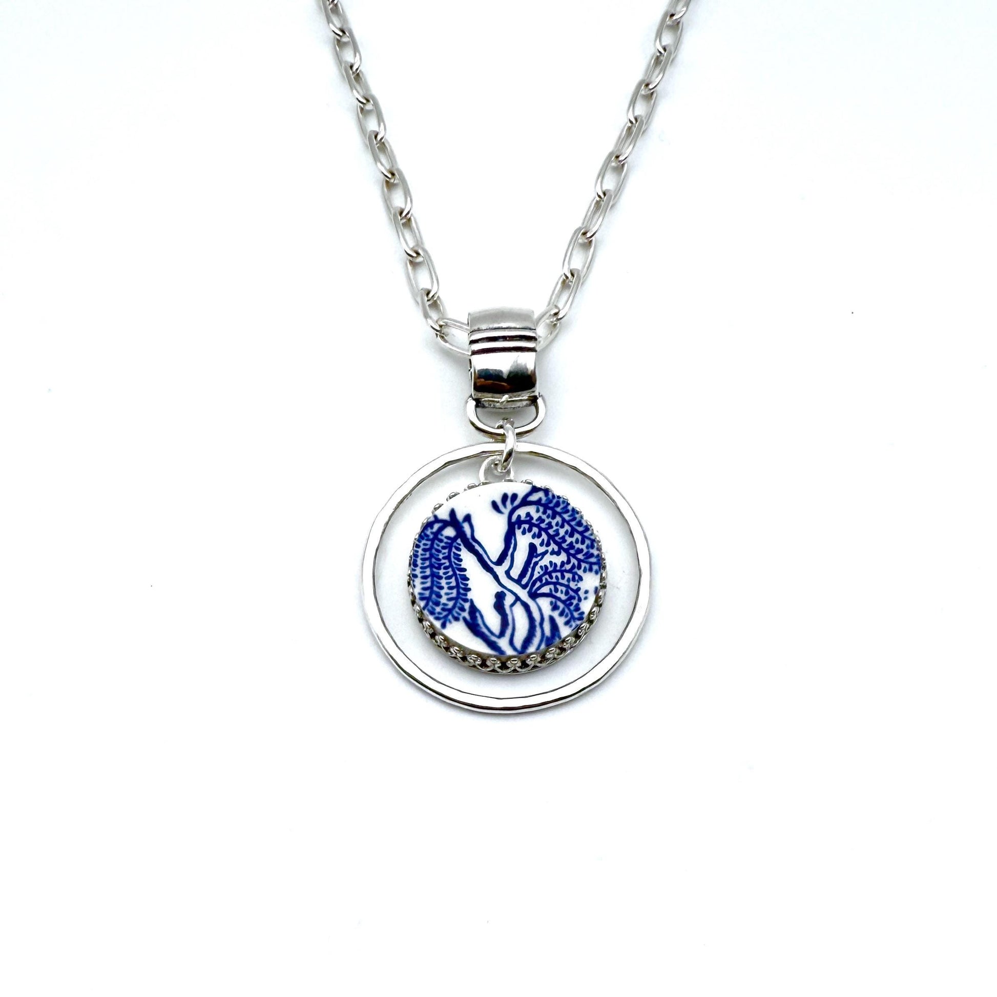 Repurposed Blue Willow China Tree Necklace, 9th Anniversary Gift for Wife, Hammered Sterling Silver